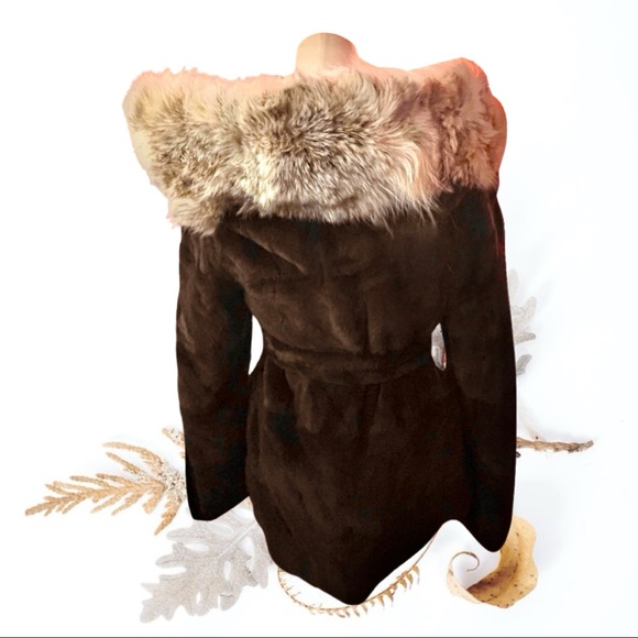 Brown Sheared Textured Mink Coat Jacket Canadian Lynx Fur Hood Belted Appraised - Picture 3 of 8
